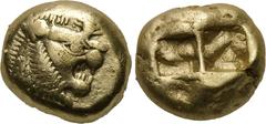IONIA or LYDIA. Uncertain. EL Trite (Circa 650-600 BC). Obv: Forepart of roaring lion right. Rev: Two square incuse punches. Weidauer 89. Condition: Very fine. Weight: 4.7 g. Diameter: 11 mm.