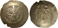 JOHN II COMNENUS (1118-1143). EL Aspron Trachy. Constantinople. Obv: IC - XC. Christ Pantokrator enthroned facing. Rev: +IW ΔΕCΠΟΤΗ / O ΓΕWPΓΙ. John and St. George standing facing, holding between the
