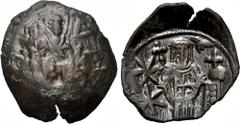 ANDRONICUS II PALEOLOGUS (1282-1328). Trachy. Thessalonica. Obv: St. Demetrius standing facing. Rev: Andronicus standing facing holding cruciform sceptre and globus cruciger; two stars to left, Manus 