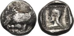 LYCIA. Uvug (Circa 470-440 BC). Tetrobol. Obv: Forepart of winged human-headed bull left. Rev: Head of Aphrodite left within dotted incuse square. Vismara II, 91. Condition: Very fine. Weight: 2.7 g. 