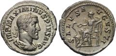 MAXIMINUS THRAX (235-238). Denarius. Rome. Obv: IMP MAXIMINVS PIVS AVG. Laureate, draped and cuirassed bust right. Rev: SALVS AVGVSTI. Salus seated left with patera, feeding snake coiled around altar.