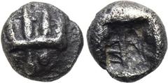ASIA MINOR. Uncertain. Hemiobol (5th century BC). Obv: Radiate head of lion facing. Rev: Incuse punch. Rosen 395 var. (Diobol); Klein 232 var. (Diobol). Condition: Extremely fine. Weight: 0.3 g. Diame