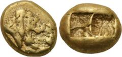 KINGS OF LYDIA. Alyattes (Circa 610-560 BC). EL Hekte. Sardes. Obv: Confronted lion heads. Rev: Two incuse square punches. Weidauer 101-102. Condition: Very fine. Weight: 2.4 g. Diameter: 10 mm.