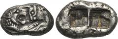 KINGS OF LYDIA. Kroisos (560-546 BC). Siglos. Sardes. Obv: Confronted foreparts of bull right and lion left. Rev: Two square punches. SNG Kayhan 1026. Due the large flan which also fits the shape of t