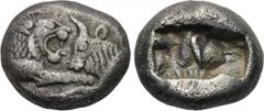 KINGS OF LYDIA. Kroisos (560-546 BC). 1/3 Siglos. Sardes. Obv: Confronted foreparts of bull right and lion left. Rev: Two square punches. Rosen 666. Condition: Very fine. Weight: 3.4 g. Diameter: 13 m