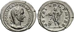MACRINUS (217-218). Denarius. Rome. Obv: IMP C M OPEL SEV MACRINVS AVG. Laureate and cuirassed bust right. Rev: VOTA PVBL P M TR P. Jupiter standing left, holding thunderbolt and sceptre; small figure
