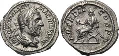 MACRINUS (217-218). Denarius. Rome. Obv: IMP C M OPEL SEV MACRINVS AVG. Laureate and draped bust right. Rev: P M TR P II COS P P. Macrinus seated left on curule chair, holding globe and sceptre. RIC 2