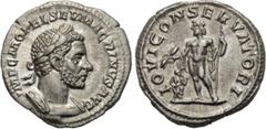 MACRINUS (217-218). Denarius. Rome. Obv: IMP C M OPEL SEV MACRINVS AVG. Laureate and cuirassed bust right. Rev: IOVI CONSERVATORI. Jupiter standing left, holding sceptre and thunderbolt; small figure 