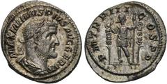 MAXIMINUS THRAX (235-238). Denarius. Rome. Obv: MAXIMINVS PIVS AVG GERM. Laureate, draped and cuirassed bust right. Rev: P M TR P III COS P P. Emperor standing left with spear, flanked by two standard