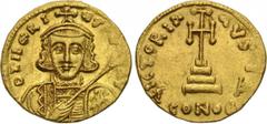 TIBERIUS III APSIMAR (698-705). GOLD Solidus. Constantinople. Obv: D TIbERIVS PE AV. Crowned and cuirassed bust facing, holding spear and shield decorated with horseman motif. Rev: VICTORIA AVGV Δ / C