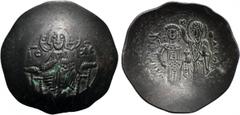 MANUEL I COMNENUS (1143-1180). Trachy. Constantinople. Obv: IC - XC. Christ Pantokrator entrhoned facing. Rev: MANYHΛ ΔECΠOT. Manuel standing facing, holding labarum and globus cruciger, being crowned