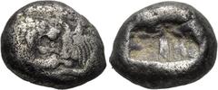 KINGS OF LYDIA. Kroisos (560-546 BC). 1/3 Siglos. Sardes. Obv: Confronted foreparts of bull right and lion left. Rev: Two square punches. Rosen 666. Condition: Near very fine. Weight: 3.3 g. Diameter:
