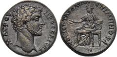 LYDIA. Tabala. Marcus Aurelius (Caesar, 139-161). Ae. Obv: M AYPOYHPOC KAICAP. Bare head right. Rev: ΕΠΙ ΜΗΝΟΦΑΝΤΟΥ ΙΕΡ ΤΑΒΑΛΕΩΝ. Turreted Cybele seated left, holding patera over lion, resting arm on 
