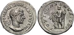 MACRINUS (217-218). Denarius. Rome. Obv: IMP C M OPEL SEV MACRINVS AVG. Laureate and cuirassed bust right. Rev: IOVI CONSERVATORI. Jupiter standing left, holding thunderbolt and sceptre; small figure 