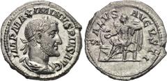 MAXIMINUS THRAX (235-238). Denarius. Rome. Obv: IMP MAXIMINVS PIVS AVG. Laureate, draped and cuirassed bust right. Rev: SALVS AVGVSTI. Salus seated left with patera, feeding snake coiled around altar.