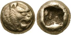 KINGS OF LYDIA. Time of Alyattes-Kroisos (Circa 610-546 BC). EL Hemihekte. Sardes. Obv: Head of roaring lion right, sun on forehead. Rev: Incuse square punch. Weidauer 90; SNG Kayhan 101. Condition: V