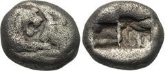 KINGS OF LYDIA. Kroisos (560-546 BC). 1/3 Stater. Sardes. Obv: Confronted foreparts of lion and bull. Rev: Two square punches. Berk 24. Condition: Fine. Weight: 3.5 g. Diameter: 13 mm.