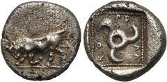 LYCIA. Kuprilli (450-425). Tetrobol. Obv: Bull kneeling left. Rev: KOΠPΛΛ. Triskeles within dotted incuse square. SNG von Aulock 4147. Condition: Very fine. Weight: 2.5 g. Diameter: 13 mm.