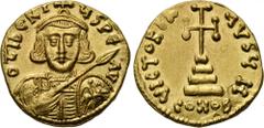 TIBERIUS III APSIMAR (698-705). GOLD Solidus. Constantinople. Obv: D TIbERIVS PE AV. Crowned and cuirassed bust facing, holding spear and shield decorated with horseman motif. Rev: VICTORIA AVGY H / C
