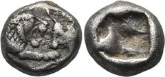 KINGS OF LYDIA. Kroisos (560-546 BC). 1/12 Stater. Sardes. Obv: Confronted foreparts of lion and bull. Rev: Incuse punch. SNG Kayhan 1020-1021. Condition: Very fine. Weight: 0.8 g. Diameter: 8 mm.