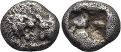 KINGS OF LYDIA. Kroisos (560-546 BC). 1/24 Stater. Sardes. Obv: Confronted foreparts of lion and bull. Rev: Incuse punch. SNG Kayhan 1022. Condition: Very fine. Weight: 0.4 g. Diameter: 6 mm.