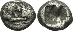 KINGS OF LYDIA. Kroisos (560-546 BC). 1/12 Stater. Sardes. Obv: Confronted foreparts of lion and bull. Rev: Incuse punch. SNG Kayhan 1020. Condition: Very fine. Weight: 0.8 g. Diameter: 8 mm.