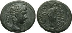 LYDIA. Sardes. Augustus (27 BC-AD 14). Ae. Obv: ΣEBAΣTOY. Bare head right. Rev: ΣAPΔIANΩN ΔIOΔΩPOΣ EPMOΦIΛOY. Zeus standing left with eagle and staff. RPC 2986. Condition: Very fine. Weight: 4.8 g. Di