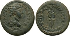LYDIA. Sardes. Marcus Aurelius (Caesar, 139-161). Ae. Obv: EΠΙ Μ ΑVPEΛIΟC KAICAP. Bare-headed and draped bust right. Rev: EΠI NEIKOMAXOV CAΡΔΙΑΝΩΝ. Winged caduceus. BMC 143. Condition: Very fine. Weig