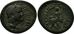 LYDIA. Daldis. Vespasian (69-79). Ae. Ti Fla Hylas. Obv: OYEC??CIANOC KAICAP. Laureate head right. Rev: ??? ?? ??? ??? ??A KAI ?A???. Cybele seated left, holding patera, resting elbow on drum. RPC 132