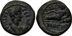 LYDIA. Magnesia ad Sipylum. Domitia (81-96). Ae. Obv: ?OMITIA CEBACTH. Draped bust right. Rev: MA??H CI??. River god Sipyum reclining left with branch, resting on inverted vase from which water flows.
