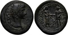 LYDIA. Sardes. Augustus (27 BC-AD 14). Ae. Obv: ?EBA?TOY. Bare head right. Rev: ?AP?IAN?N KAI ?EP?AMHN?N MOY?IA?. The Demoi of Pergamon and Sardes clasping hands, each holding sceptre. RPC 2988. Condi