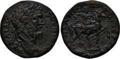 LYDIA. Tabala. Septimius Severus (193-211). Ae. Obv: AY KAI ? CE CEOYHPOC ?E. Laureate head right. Rev: E?I ? (?) ?APKOY [...] EP TABA?[...]. Radiate god on horseback right, double axe over shoulder. 
