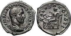 MAXIMINUS THRAX (235-238). Denarius. Rome. Obv: IMP MAXIMINVS PIVS AVG. Laureate, draped and cuirassed bust right. Rev: SALVS AVGVSTI. Salus seated left with patera, feeding snake coiled around altar.