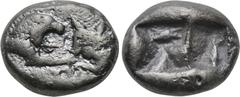 KINGS OF LYDIA. Kroisos (560-546 BC). 1/6 Stater. Sardes. Obv: Confronted foreparts of lion and bull. Rev: Two incuse square punches. SNG Kayhan 1019. Condition: Very fine. Weight: 1.56 g. Diameter: 1