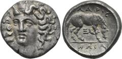 THESSALY. Larissa. Hemidrachm (Late 4th-early 3rd century BC). Obv: Head of the nymph Larissa facing slightly left, hair held by an ampyx. Rev: ΛΑΡΙΣ / ΑIΩΝ. Horse standing right, preparing to roll; Ξ