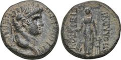 LYDIA. Apollonoshieron. Nero (54-68). Ae. Obv: NEPΩN KAIΣAP ΣEBAΣTOΣ. Laureate head right. Rev: AΠOΛΛΩNIEPITΩN. Apollo standing facing, head left, holding patera and lyre. RPC 3045. Condition: Very fi
