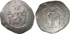 JOHN II COMNENUS (1118-1143). BI Aspron Trachy. Thessalonica. Obv: MP - ΘV. Virgin enthroned facing, holding infant Christ. Rev: + IW ΔΕCΠΟT TW ΠOPΦVPOΓENHT. John standing facing, holding labarum and 