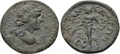 LYDIA. Attalea. Pseudo-autonomous (3rd century AD). Ae. Obv: Laureate head of Apollo right. Rev: ATTAΛΕATΩΝ. Satyr walking left, holding grape bunch and lagobolon over shoulder. BMC 3. Condition: Very