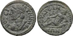 LYDIA. Thyateira. Pseudo-autonomous (2nd-3rd century AD). Ae. Obv: BOPEITHNH. Draped bust of Artemis Boreitene left, quiver behind. Rev: ΘVΑTEIPHNΩN. River god Lykos reclining left, holding reed and r