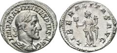MAXIMINUS THRAX (235-238). Denarius. Rome. Obv: IMP MAXIMINVS PIVS AVG. Laureate, draped and cuirassed bust right. Rev: LIBERALITAS AVG. Liberalitas standing left with abacus and cornucopia. RIC 10. C
