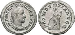 GORDIAN II (238). Denarius. Rome. Obv: IMP M ANT GORDIANVS AFR AVG. Laureate, draped and cuirassed bust right. Rev: PROVIDENTIA AVGG. Providentia standing left with cornucopia and wand over globe, lea