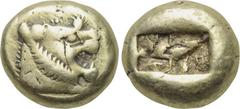 KINGS OF LYDIA. Time of Alyattes-Kroisos. EL Trite (Circa 610-546 BC). Obv: Head of roaring lion right; star on forehead. Rev: Two incuse square punches. SNG Kayhan 1013. Condition: Very fine. Weight: