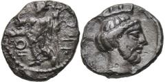 CILICIA. Tarsos. Tiribazos (Satrap of Lydia, 388-380). Obol. Obv: Baal standing left, holding eagle and sceptre; dynastic to left. Rev: Head of Ahura-Mazda right, wearing kalathos. SNG France 234. Con