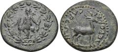 LYDIA. Hierocaesaraea. Pseudo-autonomous. Ae (1st-2nd centuries AD). Obv: Artemis standing left, holding bow and resting hand on stag standing left beside her. Rev: IEPOKAICAPEΩN. Stag standing right.