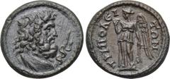 LYDIA. Tripolis. Pseudo-autonomous. Ae (3rd century AD). Obv: Head of Asklepios right, serpent-entwined staff in front. Rev: ΤΡΙΠΟΛΕΙΤΩΝ. Winged Nemesis standing left, holding bridle and pulling veil.