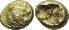 KINGS OF LYDIA. Uncertain. EL Hekte (Circa 650-610 BC). Obv: Head of roaring lion right, sun with four rays on forehead. Rev: Double incuse square punch. Weidauer 76-78. Condition: Very fine. Weight: 