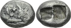 KINGS OF LYDIA. Kroisos (560-546 BC). 1/3 Siglos. Sardes. Obv: Confronted foreparts of bull right and lion left. Rev: Two incuse square punches. Rosen 666. Condition: Very fine. Weight: 3.29 g. Diamet