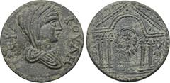 LYDIA. Tripolis. Pseudo-autonomous issue. (Late 2nd-early 3rd centuries AD). Ae. Obv: IEPA BOYΛH. Veiled and draped bust right of Boule right. Rev: TPIΠOΛEITΩN. Leto standing within tetrastyle temple,