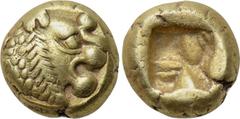 KINGS OF LYDIA. Time of Alyattes-Kroisos (Circa 610-546 BC). EL Hemihekte. Sardes. Obv: Head of roaring lion right, star on forehead. Rev: Incuse square punch. Weidauer 90; Rosen 654; SNG Kayhan 1015.