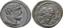 LYDIA. Hermokapeleia. Pseudo-autonomous. Time of Septimius Severus to Caracalla (193-217). Ae. Obv: Head of Herakles right, lion skin around neck. Rev: EPMOKAΠΗ. Grape bunch. SNG von Aulock 2948. Cond